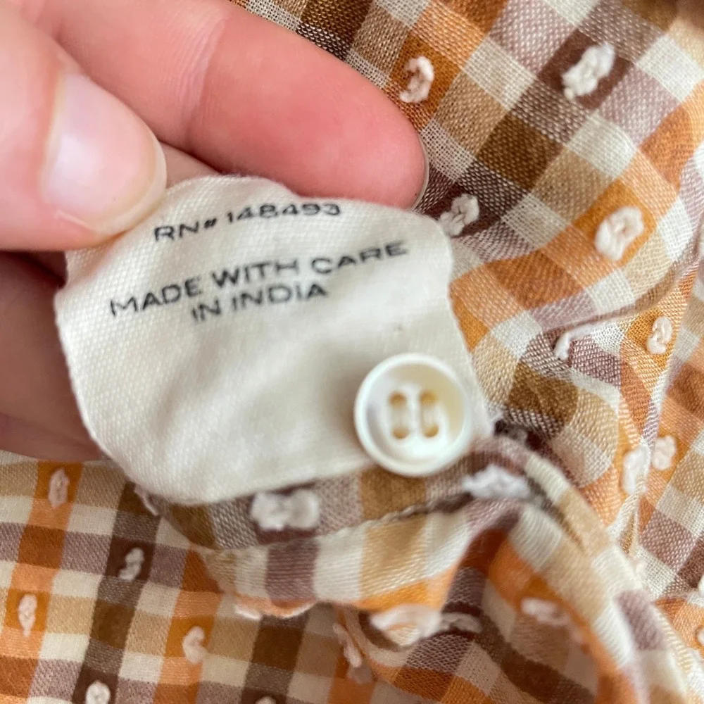Doen The Jane Blouse Orange Meringue Plaid Clip Dot Cotton Button Top Size XS